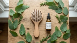 A styling flatlay featuring a scalp massager for hair growth alongside natural botanical oils on a wooden shelf