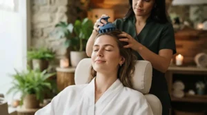 Someone enjoying a relaxing head treatment with a scalp massager for hair growth in a bright room
