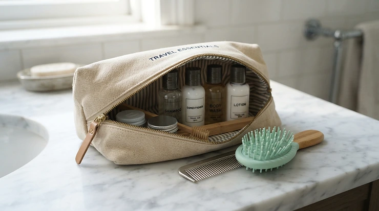 A scalp massager for hair growth packed neatly in an open wash bag on a marble countertop