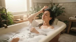 Relaxing bath time self-care session using a scalp scraper for buildup