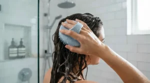A person using a scalp scraper for buildup while washing their hair in a tiled shower