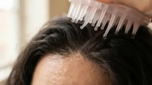 Close-up of a scalp scrubber for dandruff tackling flake removal near the parting.