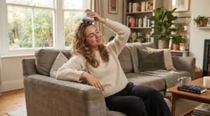 Demonstrating a scalp scrubber for dandruff on dry hair while sitting on the sofa.