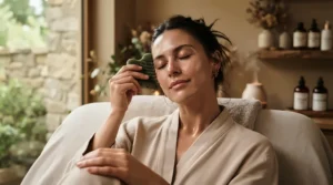 Relaxing self-care session using a scalp scrubber for dandruff relief at home.
