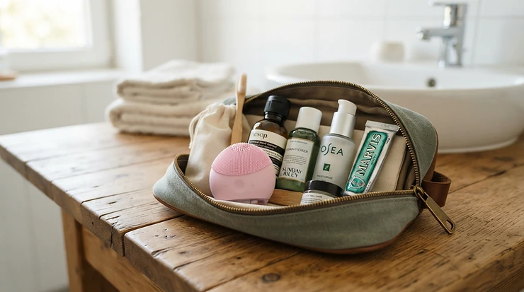 Packing a compact scalp scrubber for dandruff into a wash bag for a weekend trip.