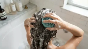 Applying shampoo with a scalp scrubber for dandruff for an effective lather.