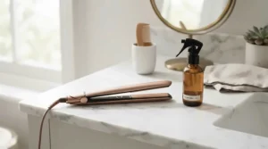 A stainless steel tail comb resting beside styling products on a modern vanity table