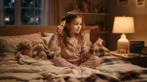 Child sitting on a bed brushing their hair with a top detangling brush for kids before sleeping