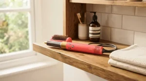 A colourful top detangling brush for kids resting on a wooden bathroom shelf next to a folded towel