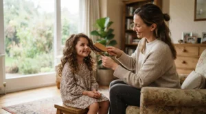 Parent gently using a top detangling brush for kids on a smiling child with curly hair