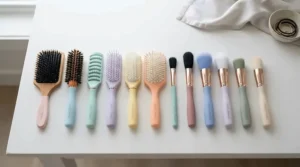 An assortment of various pastel-coloured top detangling brush for kids arranged neatly on a white table