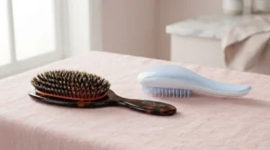 A standard size and a mini top detangling brush for kids displayed side by side on a pastel background