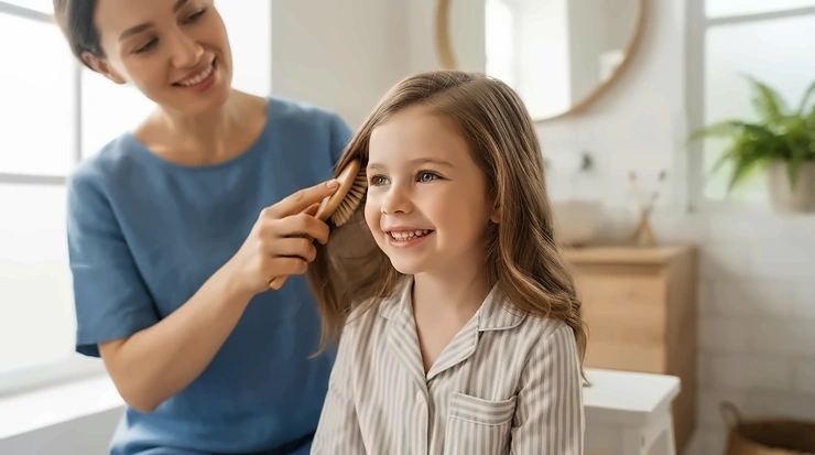 A smiling toddler sitting on a colourful bathroom stool while a parent gently smooths out knots with the top detangling brush for kids.