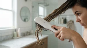 Using a top detangling brush for kids smoothly gliding through damp, knotty hair after washing