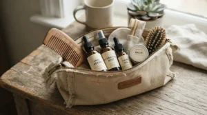 A compact wooden wide tooth comb neatly packed inside an open canvas washbag for travelling.