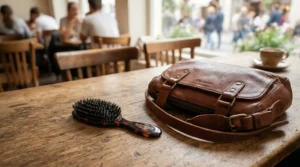Compact travel detangling brush resting next to a handbag for on-the-go touch-ups