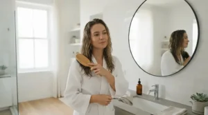 Using a specialised detangling brush on wet hair after a shower in a British bathroom