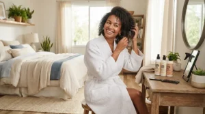 Post-wash styling session using a wide tooth comb for curly hair