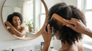 A person gently using a wide tooth comb for curly hair during a morning bathroom routine