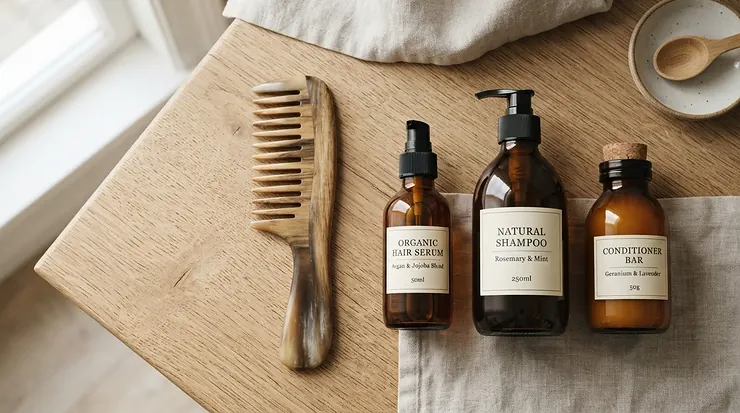 A stylish flat lay showing a wide tooth comb for curly hair alongside botanical oils