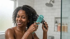 Applying conditioner through damp curls with a wide tooth comb for curly hair