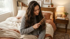 Preparing natural waves before bed with a wide tooth comb for curly hair to prevent morning tangles