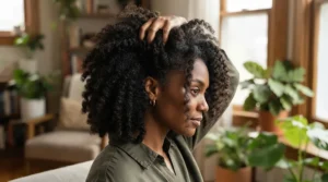 Lifting roots gently with a wide tooth comb for curly hair to add volume