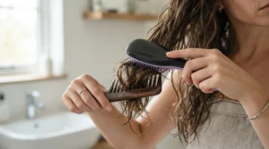 Visualizing hair fragility and breakage prevention using a wide tooth comb vs detangling brush.