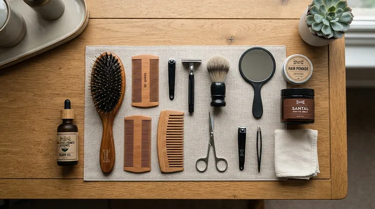 A flat lay on a marble dressing table featuring a wide tooth comb vs detangling brush side by side.