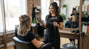 A professional hairstylist discussing a wide tooth comb vs detangling brush with a client in a salon.