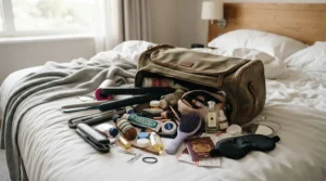 Packing essentials for a trip, including a wide tooth comb vs detangling brush inside an open washbag.