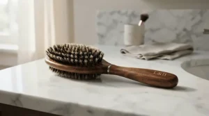 An elegant wooden handled boar bristle brush resting on a marble bathroom vanity unit.