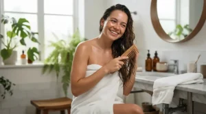 Woman using a wooden wide tooth comb for frizz reduction on wet curly hair after a relaxing shower.