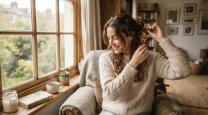 Using a wooden wide tooth comb for static control on dry hair during cold winter months indoors.